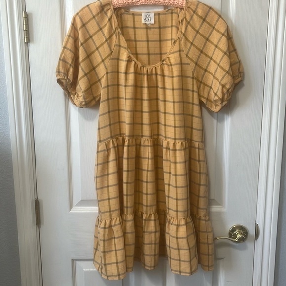 Anthropologie DRA Yellow and Gray Plaid Puff Short Sleeve Mini Dress Size - Picture 1 of 9